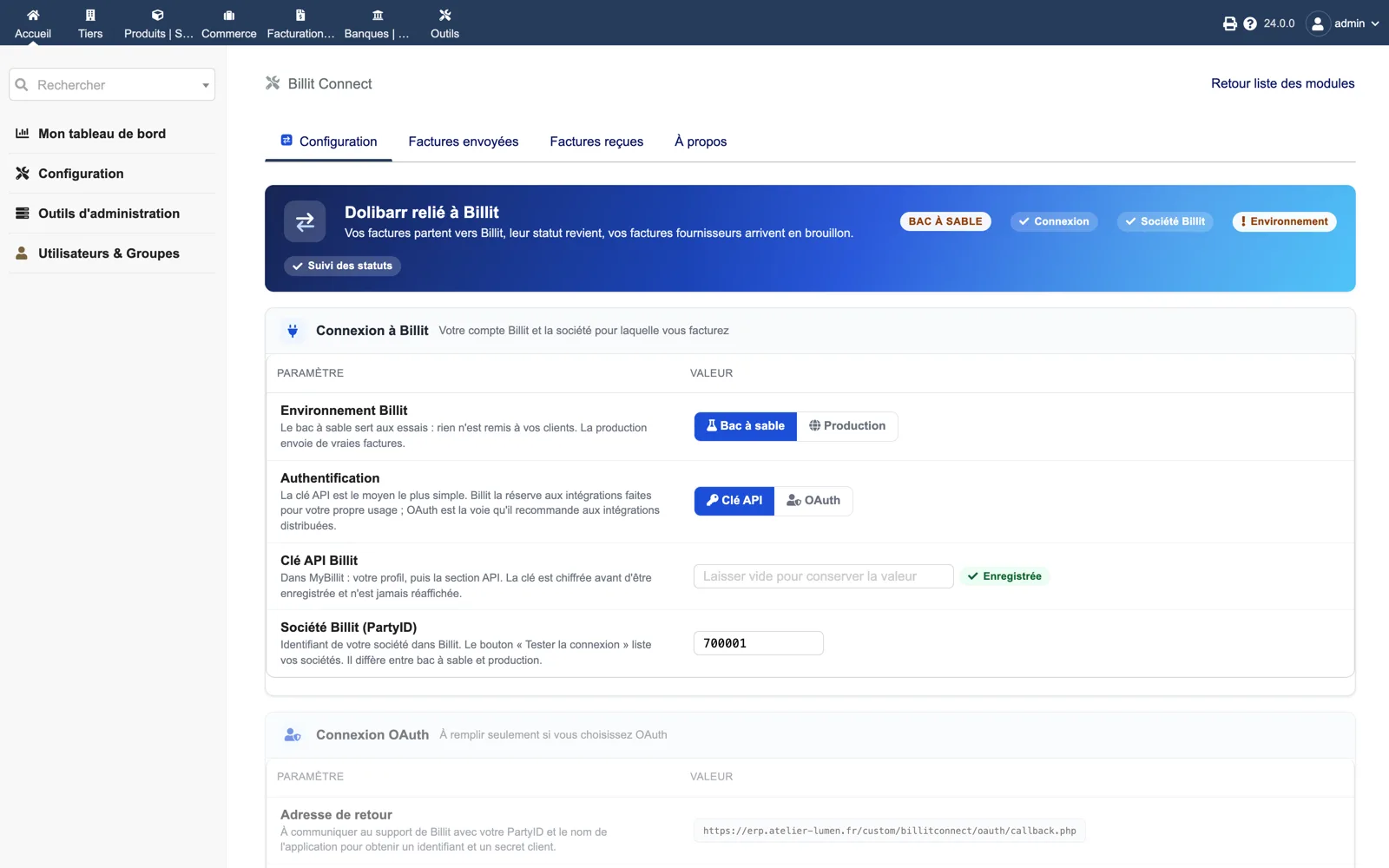 Billit Connect — module setup in Dolibarr