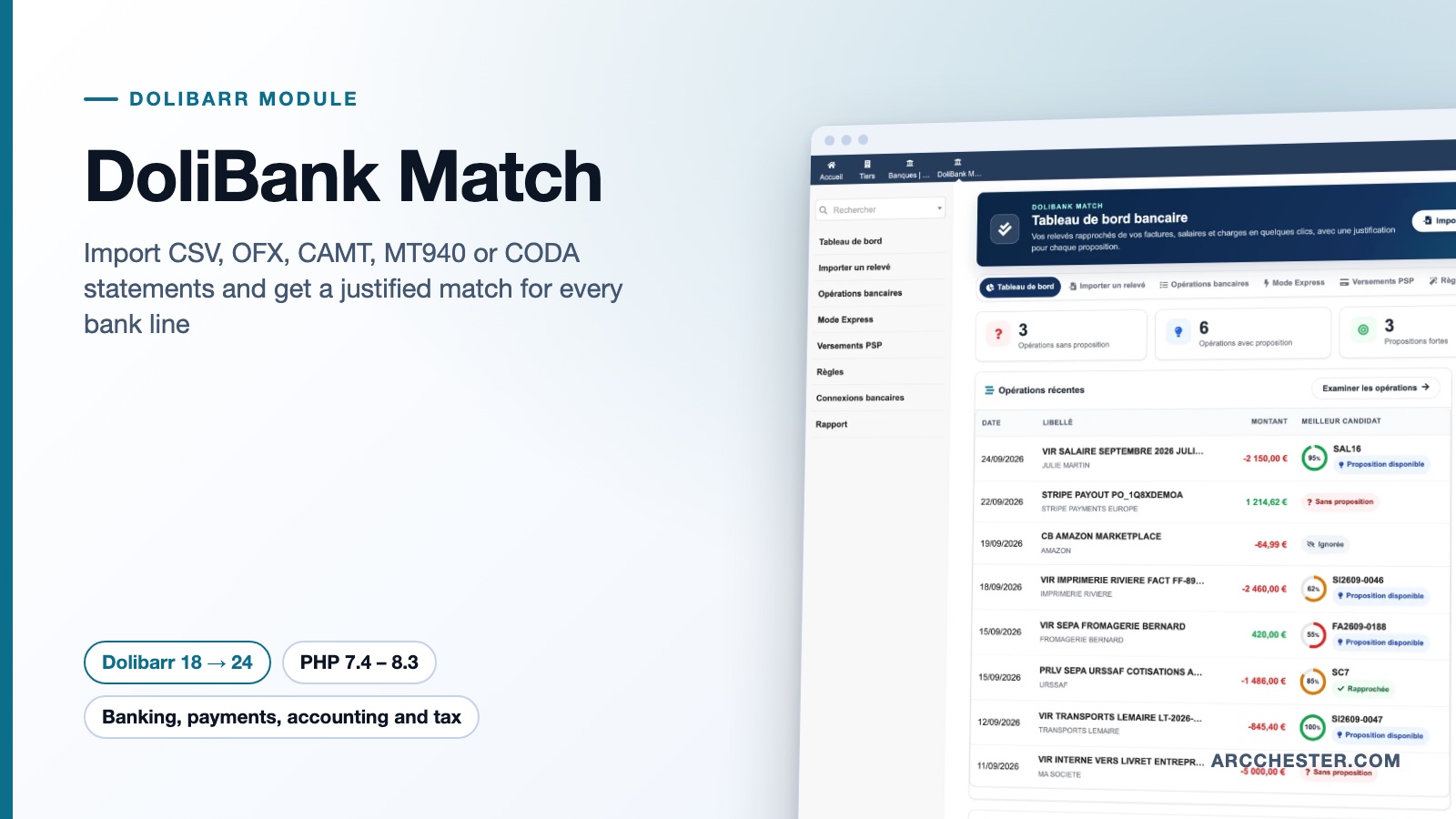 Bank reconciliation for Dolibarr: DoliBank Match (CSV, OFX, CAMT)