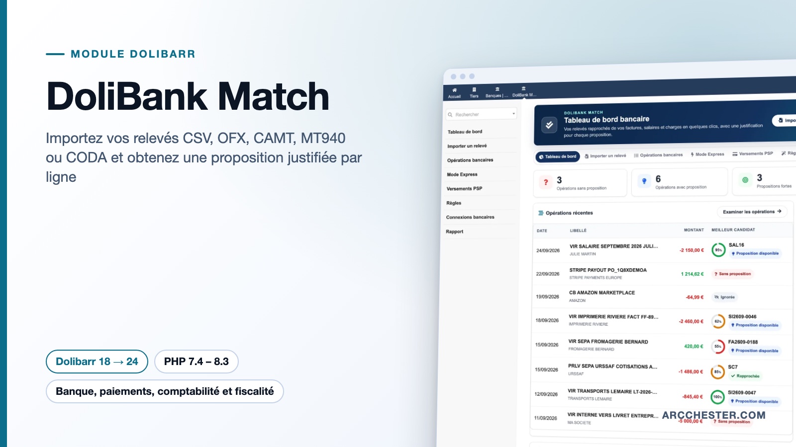 Rapprochement bancaire Dolibarr : DoliBank Match (CSV, OFX, CAMT)