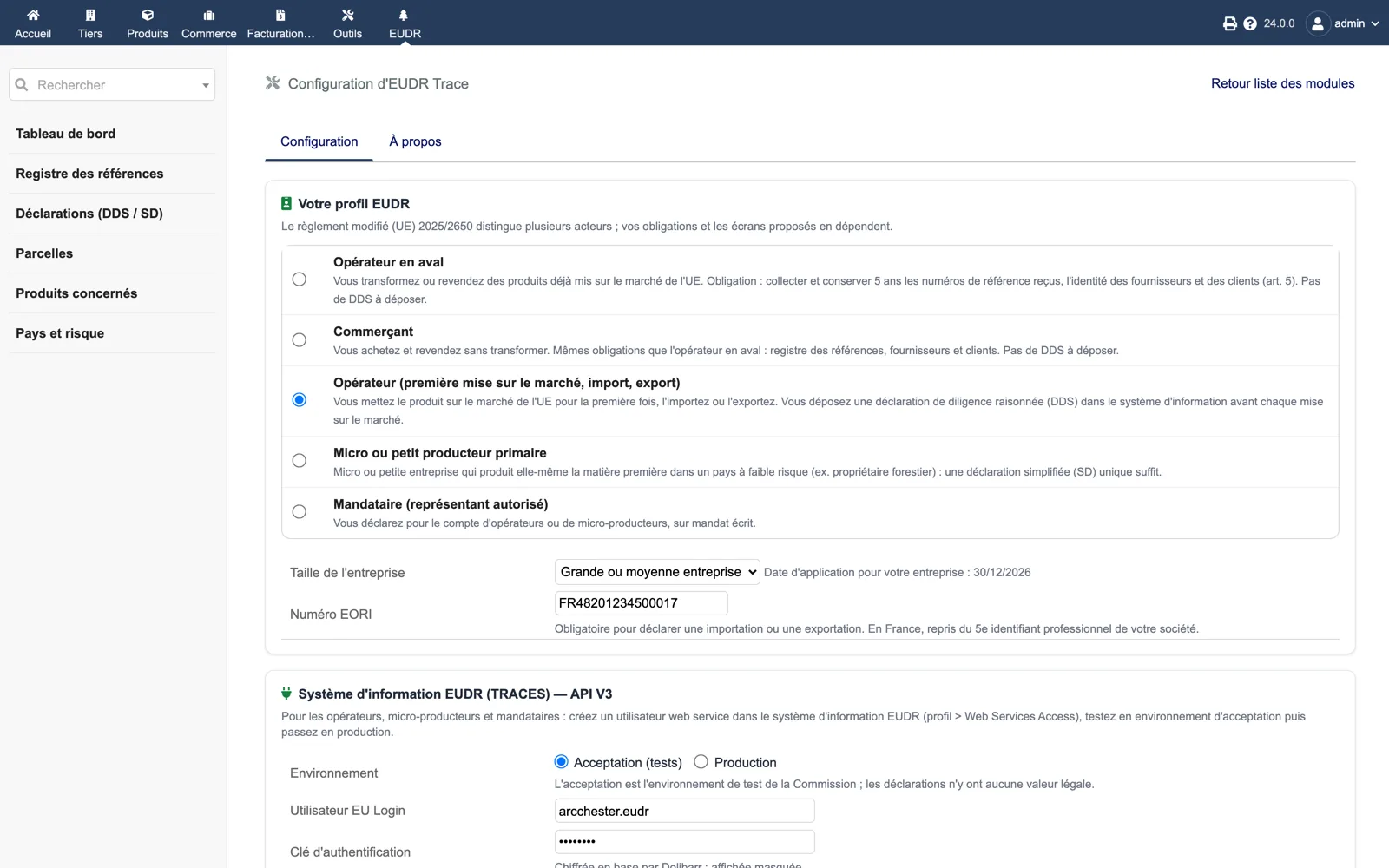 EUDR Trace — module setup in Dolibarr