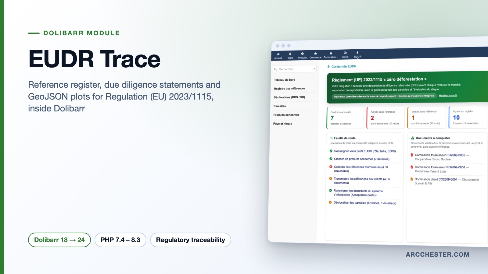 EUDR in Dolibarr: due diligence statements, plots, register