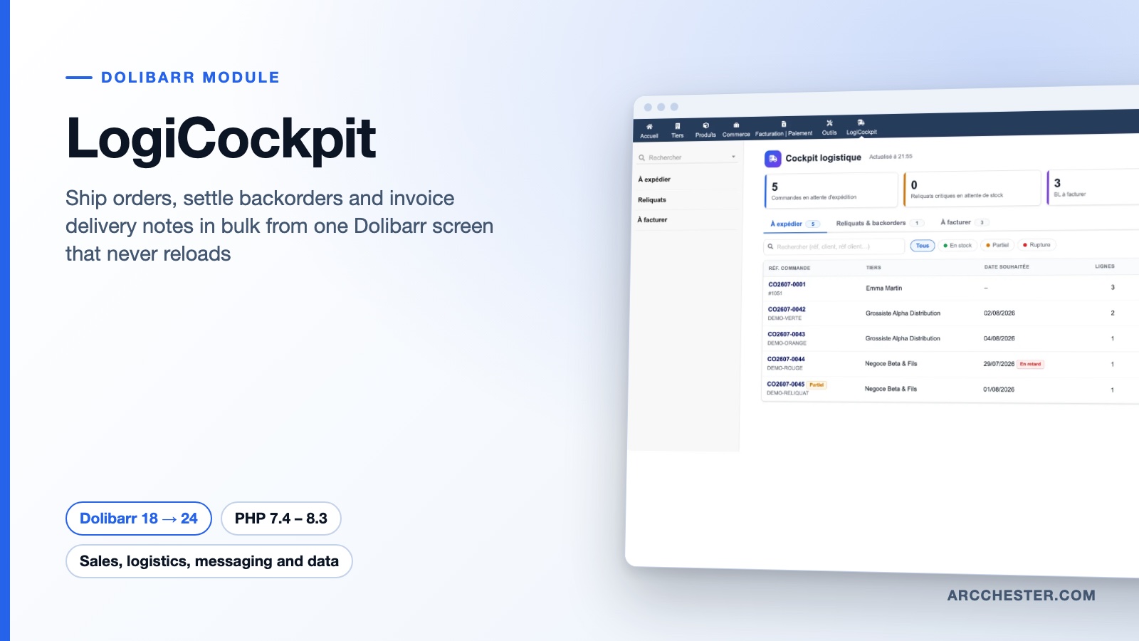 Dolibarr shipping, backorders and batch invoicing: LogiCockpit