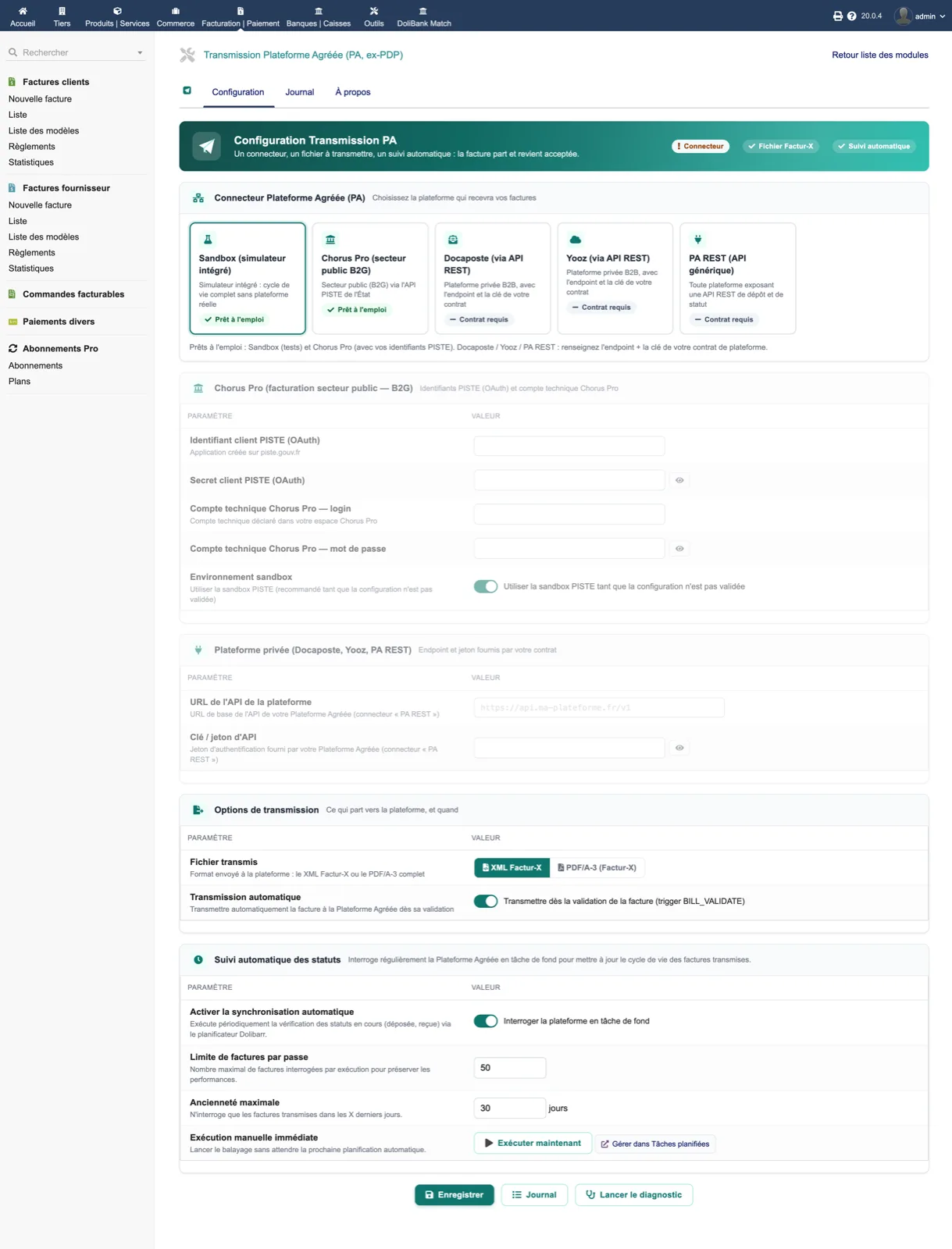 PA Transmission — module setup in Dolibarr