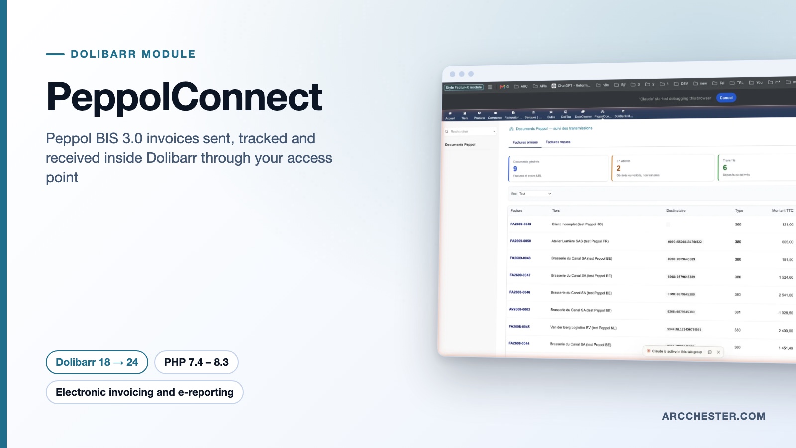 Peppol e-invoicing for Dolibarr: send, track, receive UBL