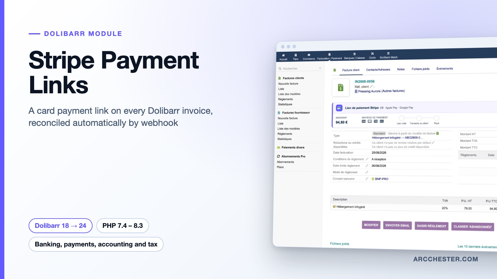 Stripe payment link on Dolibarr invoices, auto-reconciled