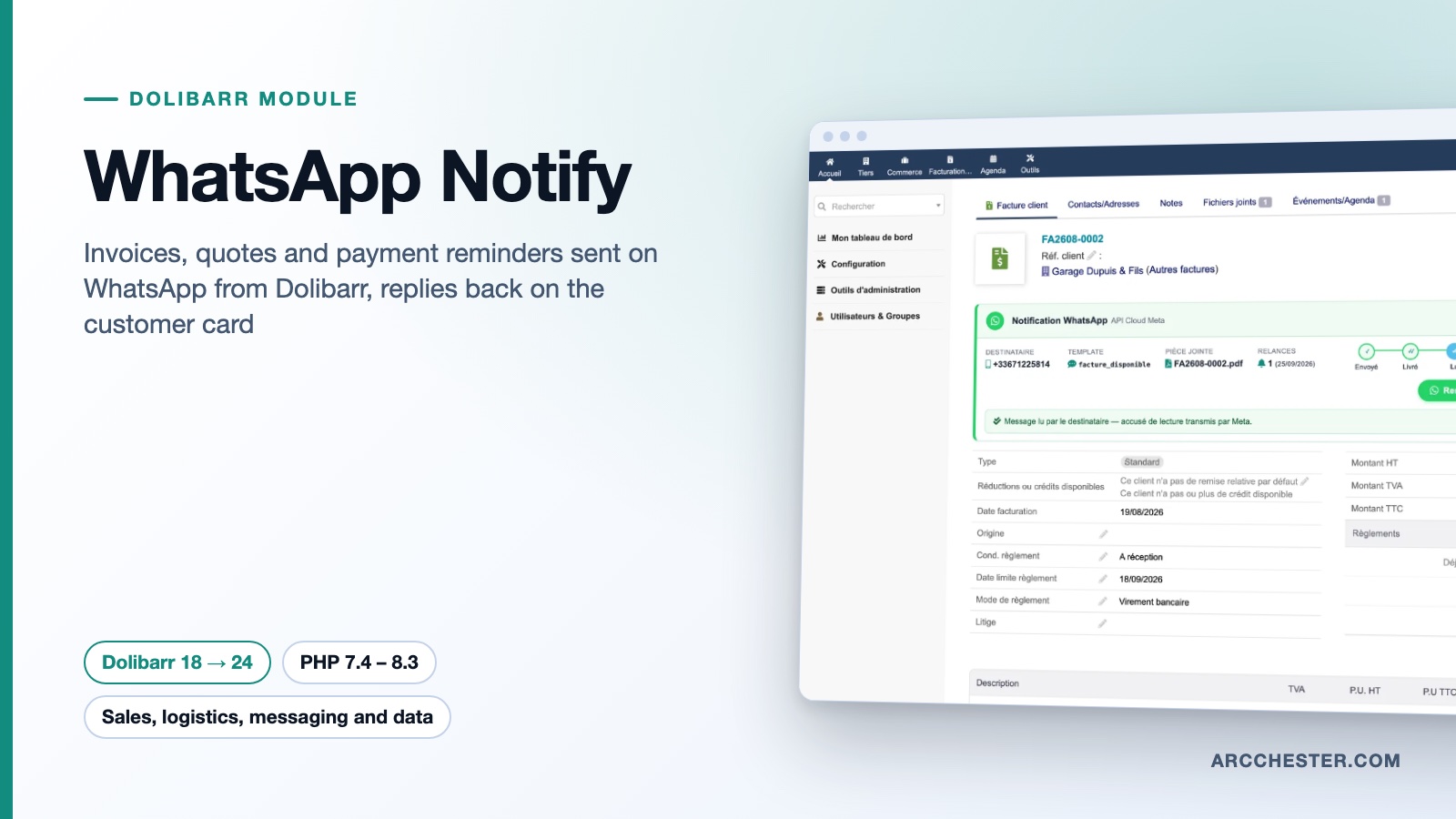 WhatsApp invoices and payment reminders from Dolibarr